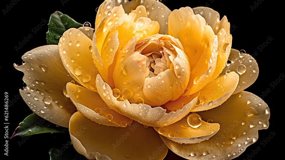 Yellow Peony flowers with water drops background. Closeup of blossom with glistening droplets. Gener