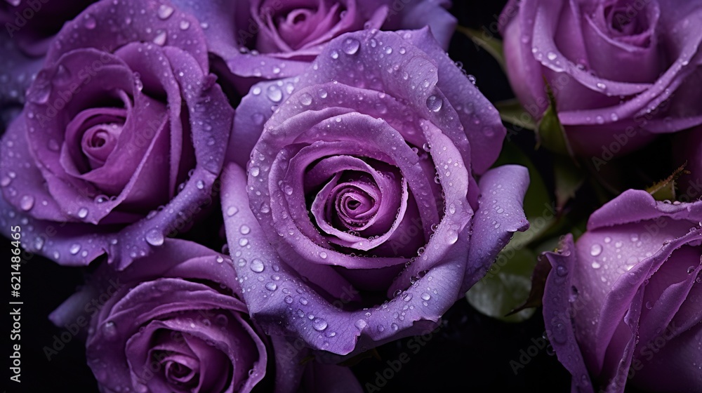 Purple Roses flowers with water drops background. Closeup of blossom with glistening droplets. Gener