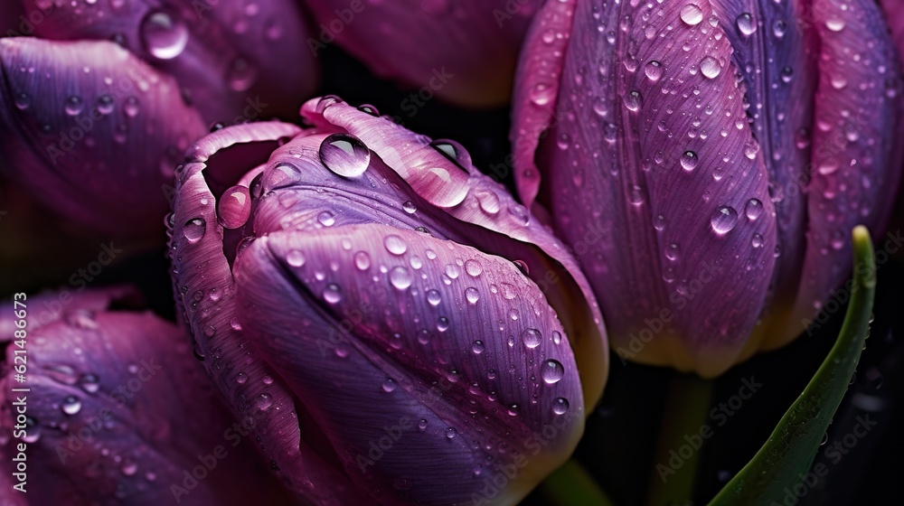 Purple Tulips flowers with water drops background. Closeup of blossom with glistening droplets. Gene