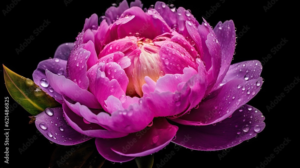 Purple Peony flowers with water drops background. Closeup of blossom with glistening droplets. Gener