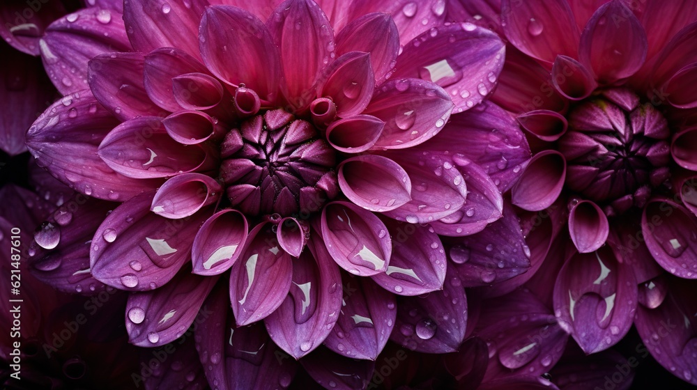 Purple Dahlia flowers with water drops background. Closeup of delicate blossom with glistening dropl