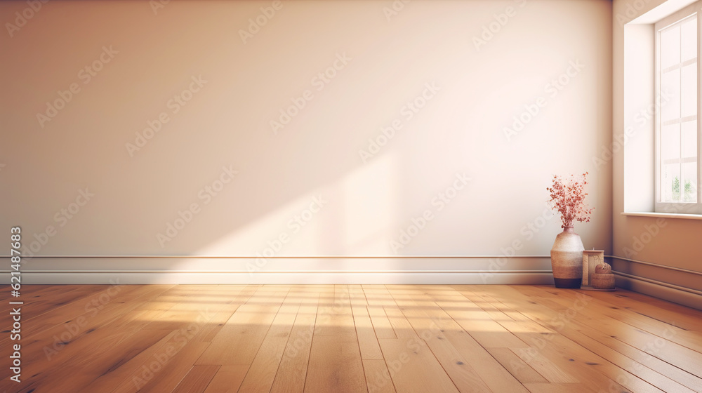 Beige wall empty apartment room with wooden floor. Copy space for product placement. Generative AI