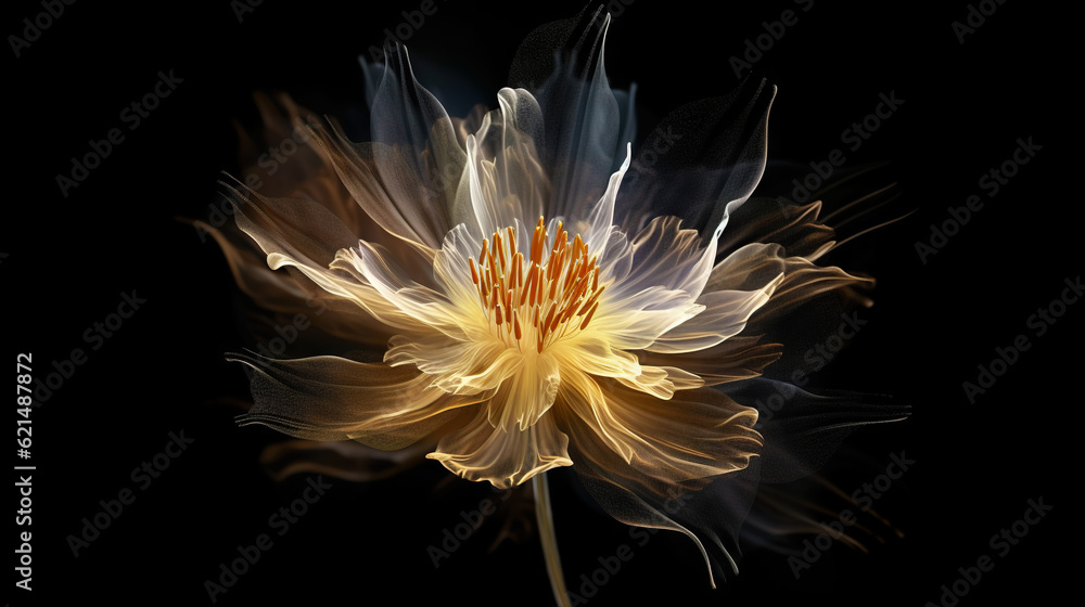 Golden x-ray image of a ethereal flower on black. Fantasy mystical blossom. Generative AI