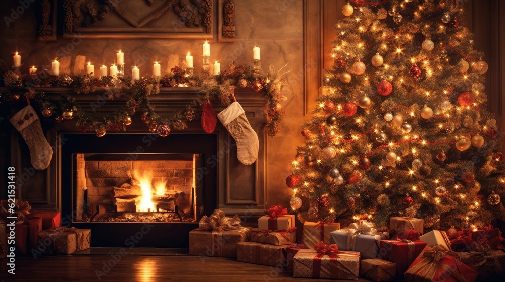 Christmas Day, Interior christmas. magic glowing tree, fireplace and gifts, copy space background. G