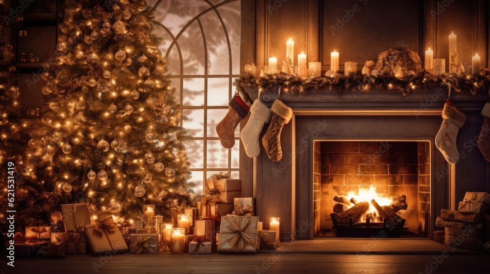 Christmas Day, Interior christmas. magic glowing tree, fireplace and gifts, copy space background. G