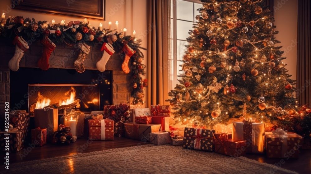 Christmas Day, Interior christmas. magic glowing tree, fireplace and gifts, copy space background. G