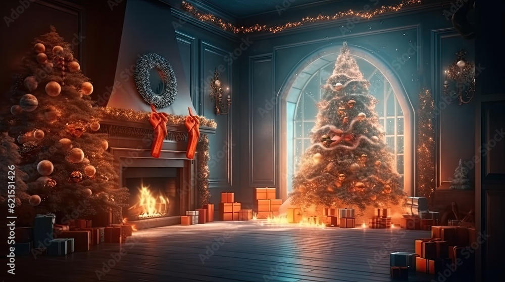 Christmas Day, Interior christmas. magic glowing tree, fireplace and gifts, copy space background. G