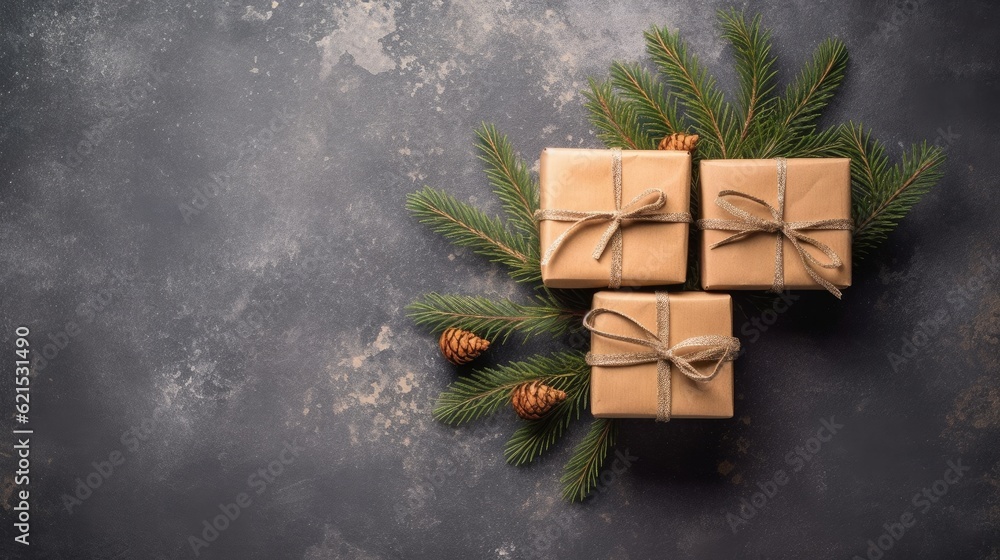 Christmas Day, Top view of Christmas background with gift boxes, fir tree branches, clews of rope, p