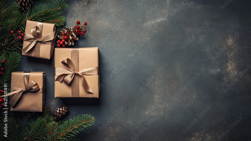 Christmas Day, Top view of Christmas background with gift boxes, fir tree branches, clews of rope, p