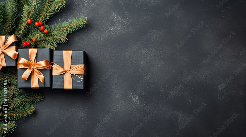 Christmas Day, Top view of Christmas background with gift boxes, fir tree branches, clews of rope, p