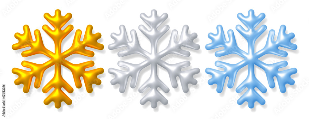 3d realistic snowflakes set. Gold, silver and light blue color, with shadow. Glossy and shiny plasti