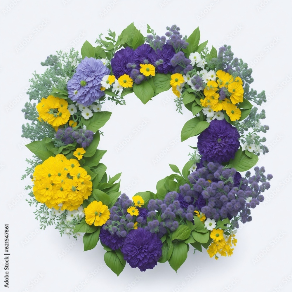 Beautiful wreath made of yellow, blue, purple, and white summer flowers and pale green leaves. Arran