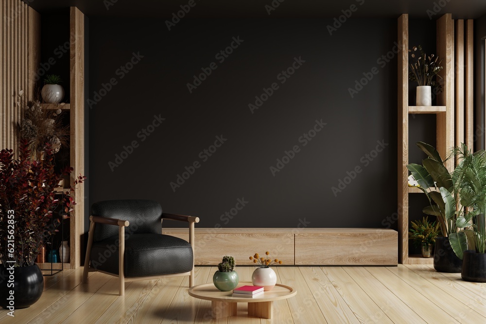 TV room interior with black leather armchair on empty dark wall background.