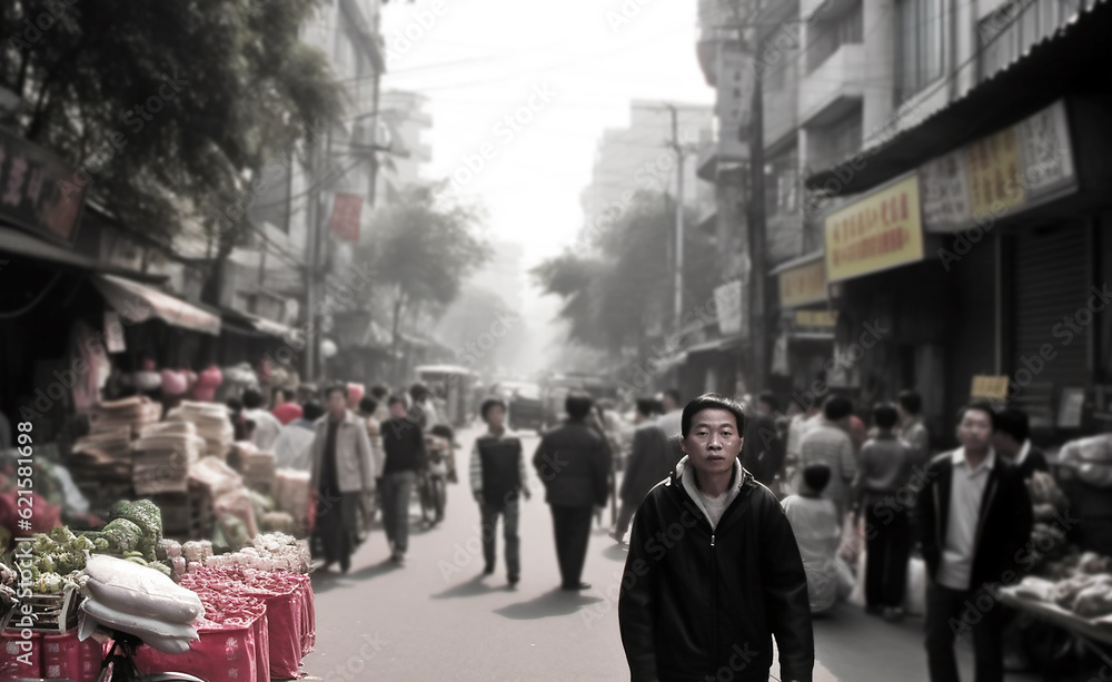 Traditional busy crowded street in Chinese city, with young man in foreground