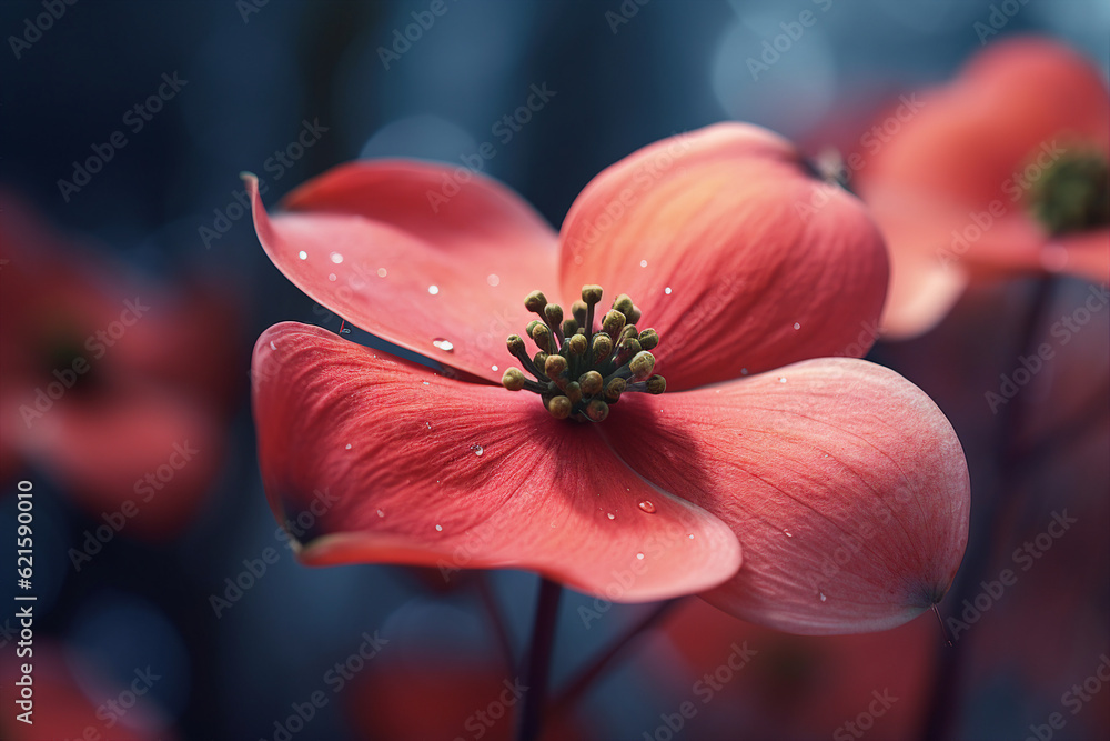 Realistic collage generated by ai of beautiful wildflower with red petals growing on dark night mead