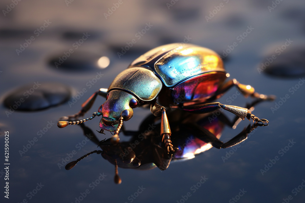 Realistic collage generated by ai image of colorful beetle search for food on exotic nature water