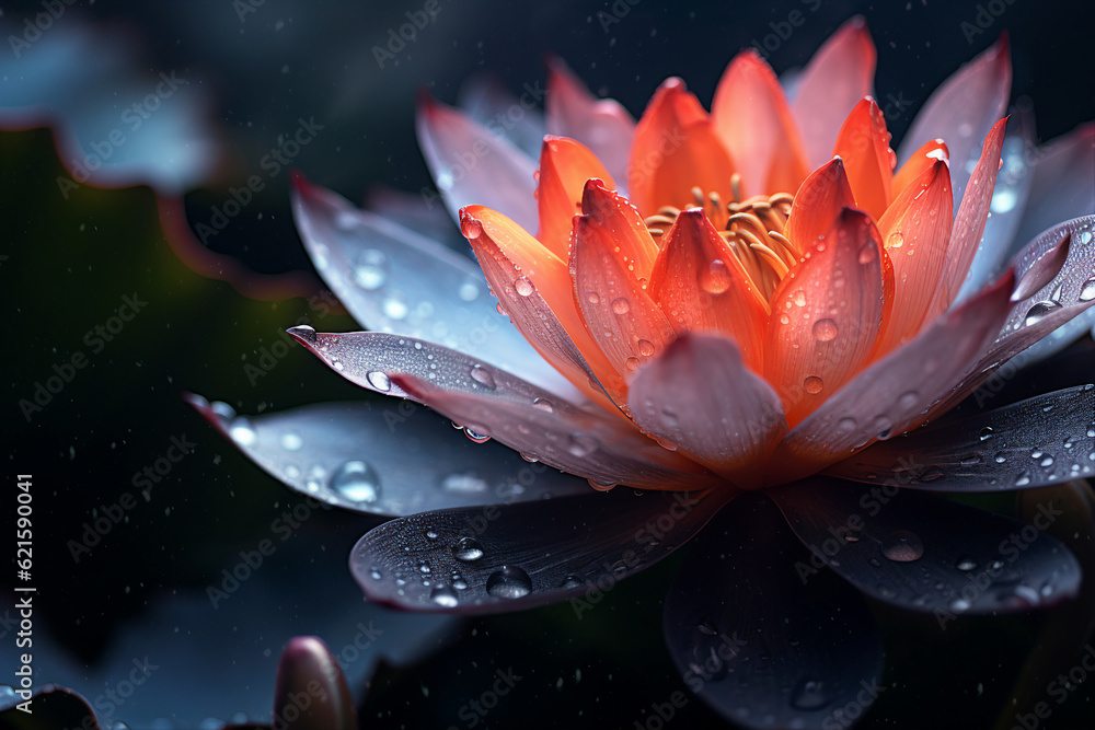 Creative generative ai collage ai picture of mysterious water lily flower bloom at night after rain 