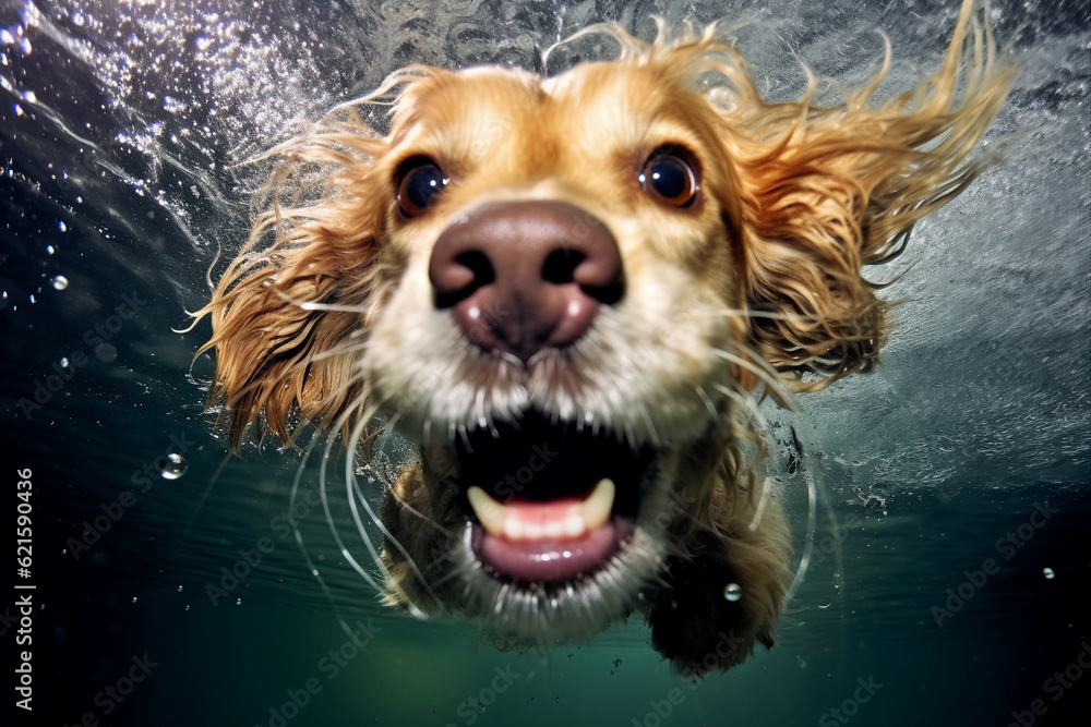 Creative template generated by ai collage of cute little dog spaniel swimming deep water dive for fe