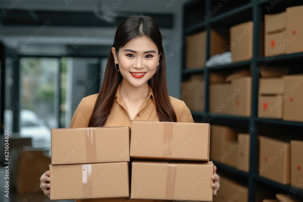 Startup small business SM, Young business woman working online e-commerce shopping at her shop, Sell