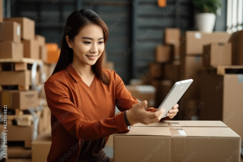 Entrepreneur owner woman using laptop taking receive and checking online purchase shopping order to 