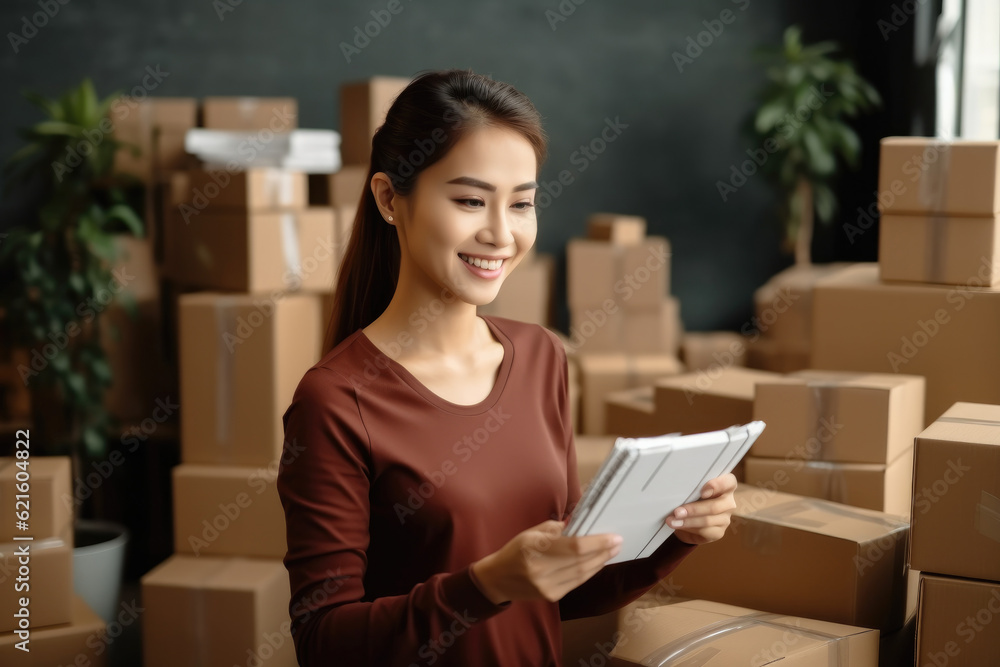 Entrepreneur owner woman using laptop taking receive and checking online purchase shopping order to 