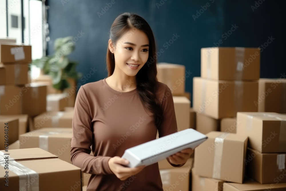 Entrepreneur owner woman using laptop taking receive and checking online purchase shopping order to 