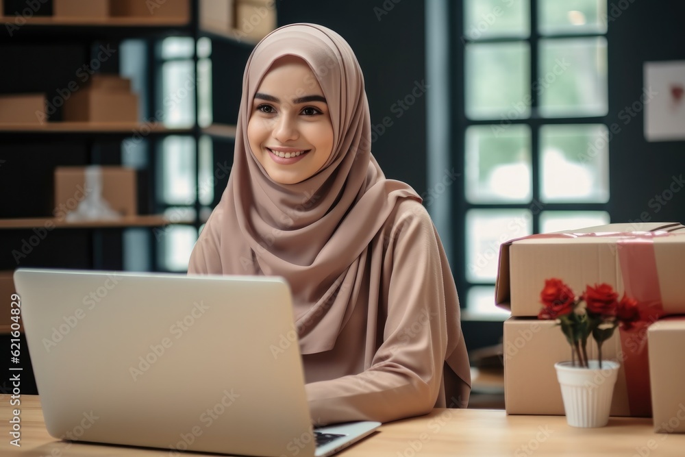 Entrepreneur owner woman using laptop taking receive and checking online purchase shopping order to 