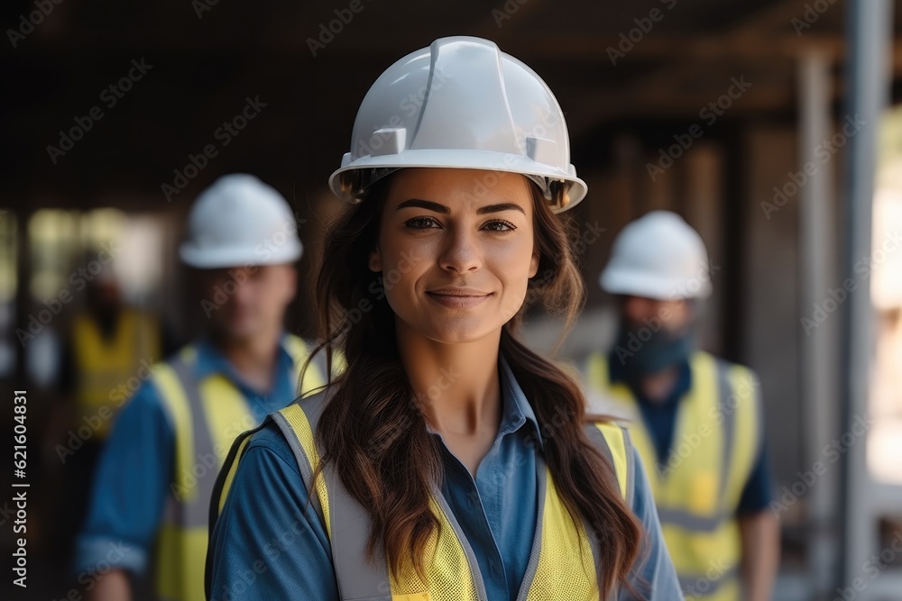 Woman were hard hat and work vest are working on a construction site.