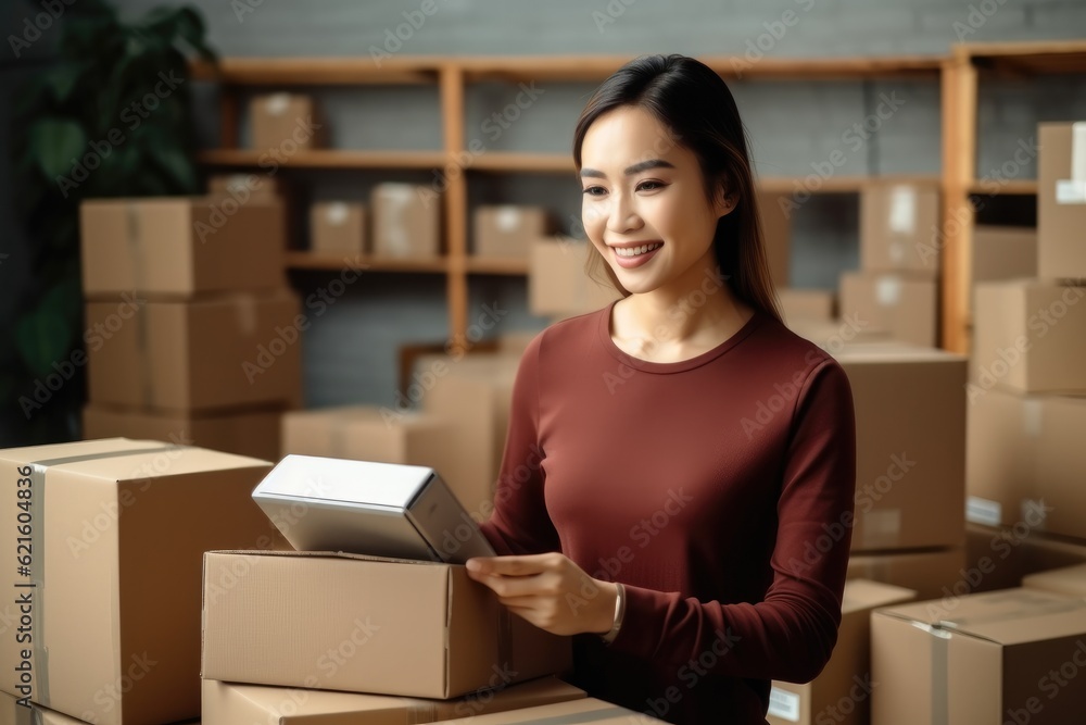 Startup small business SM, Young business woman working online e-commerce shopping at her shop, Sell