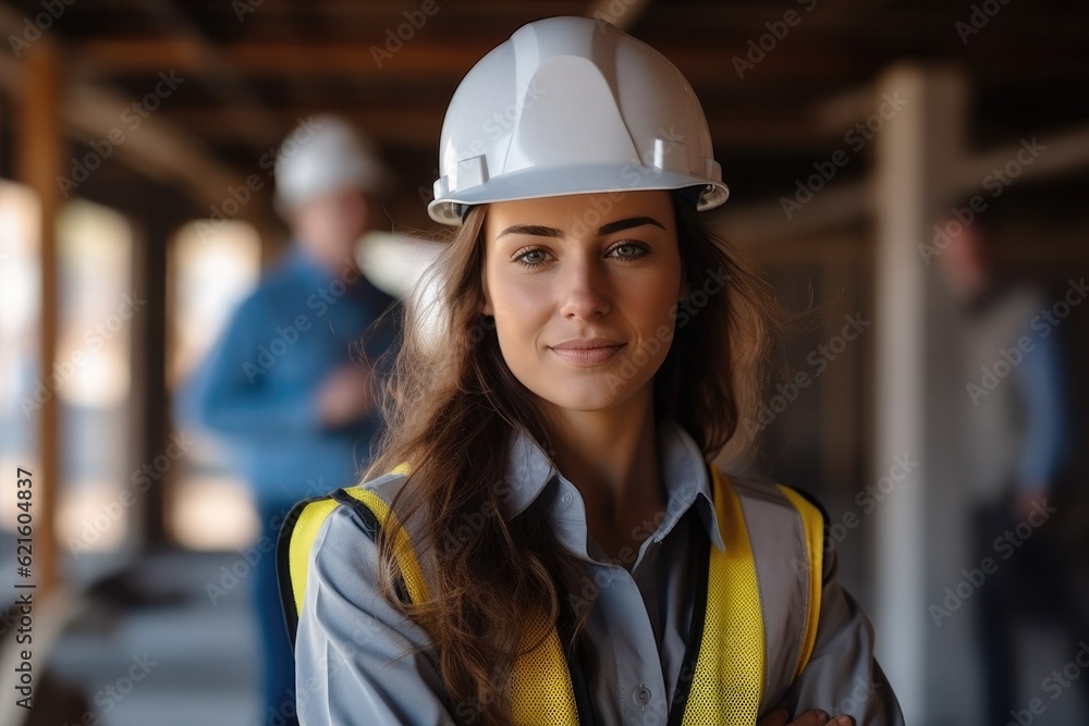 Woman were hard hat and work vest are working on a construction site.