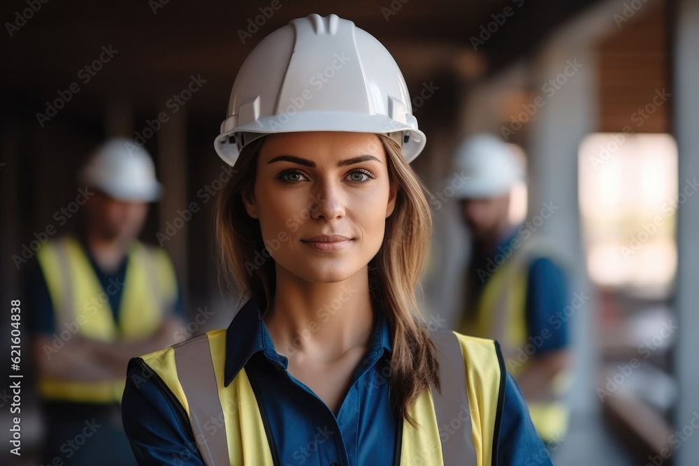 Woman were hard hat and work vest are working on a construction site.