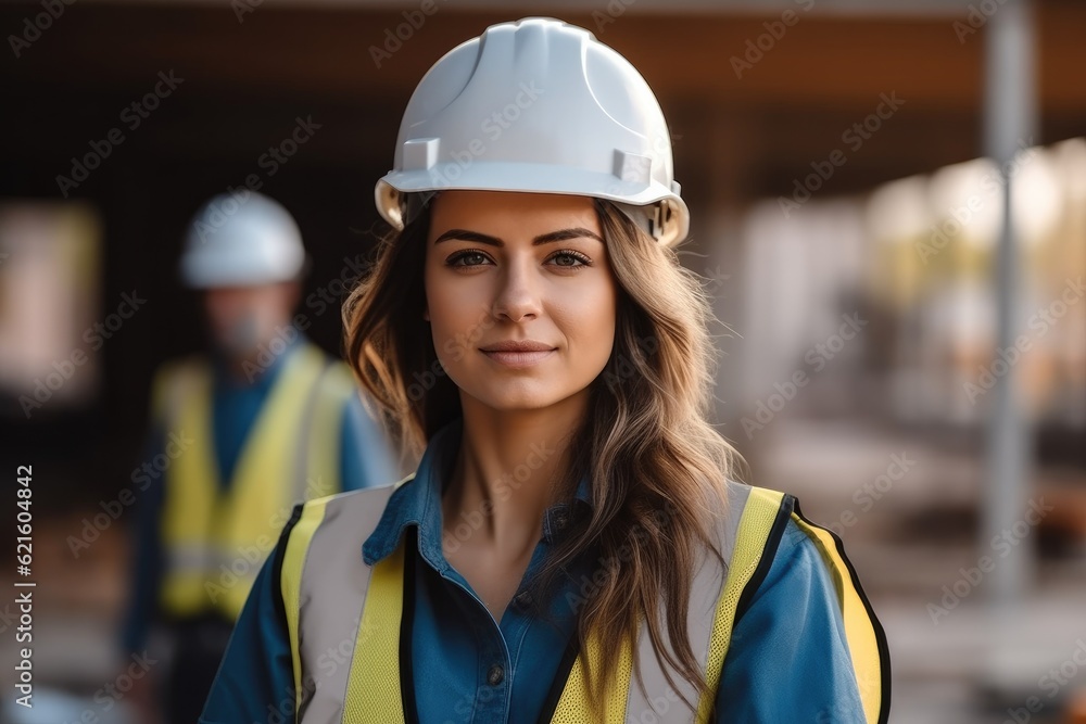 Woman were hard hat and work vest are working on a construction site.