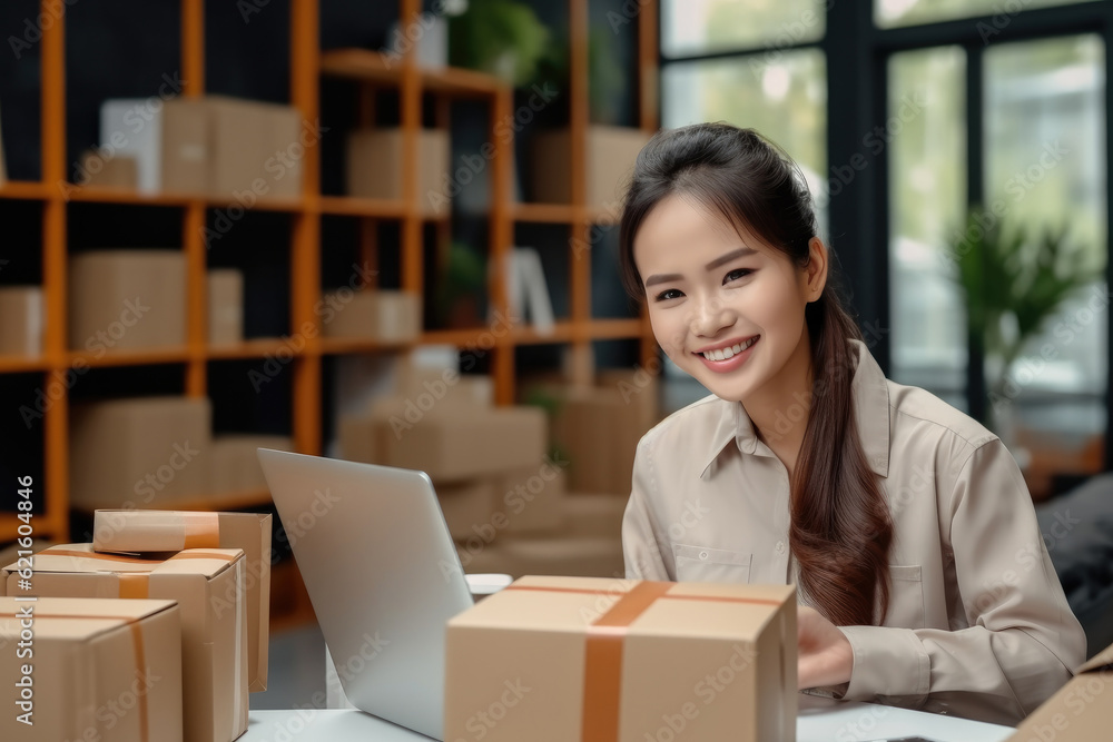 Entrepreneur owner woman using laptop taking receive and checking online purchase shopping order to 