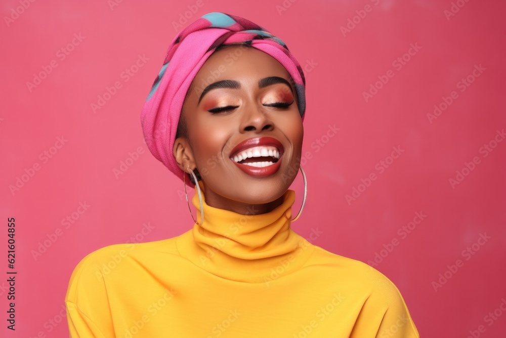 Happy African American woman on pink background.