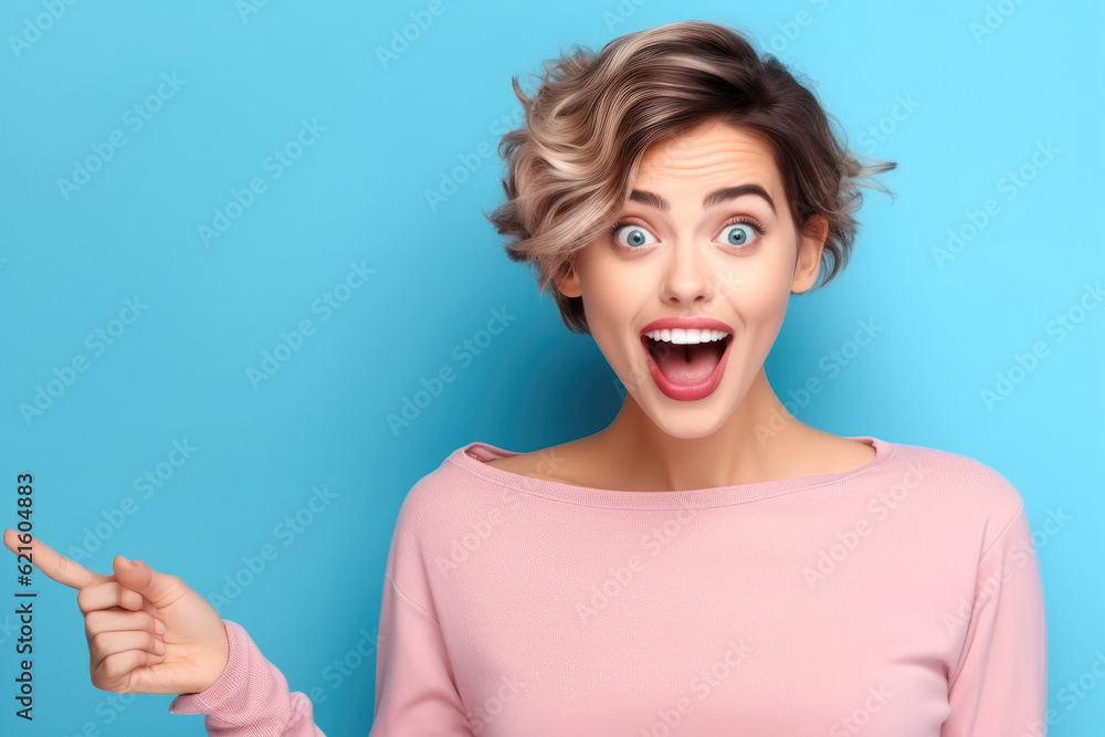 Astonished positive girl open mouth indicate finger empty space isolated on blue color background