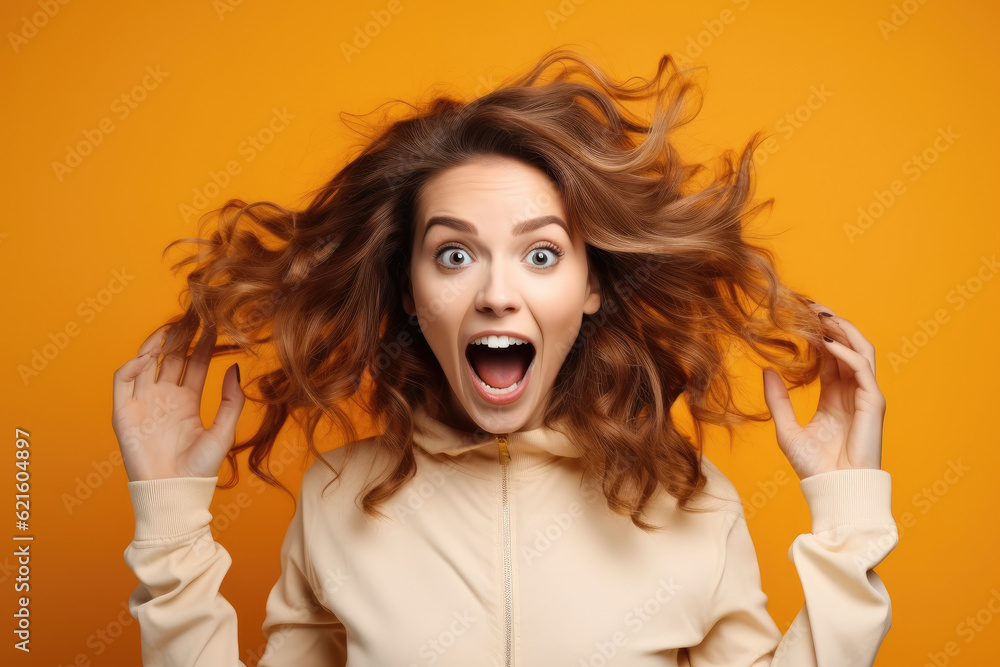 Screaming young woman standing isolated yellow background, Winner concept.