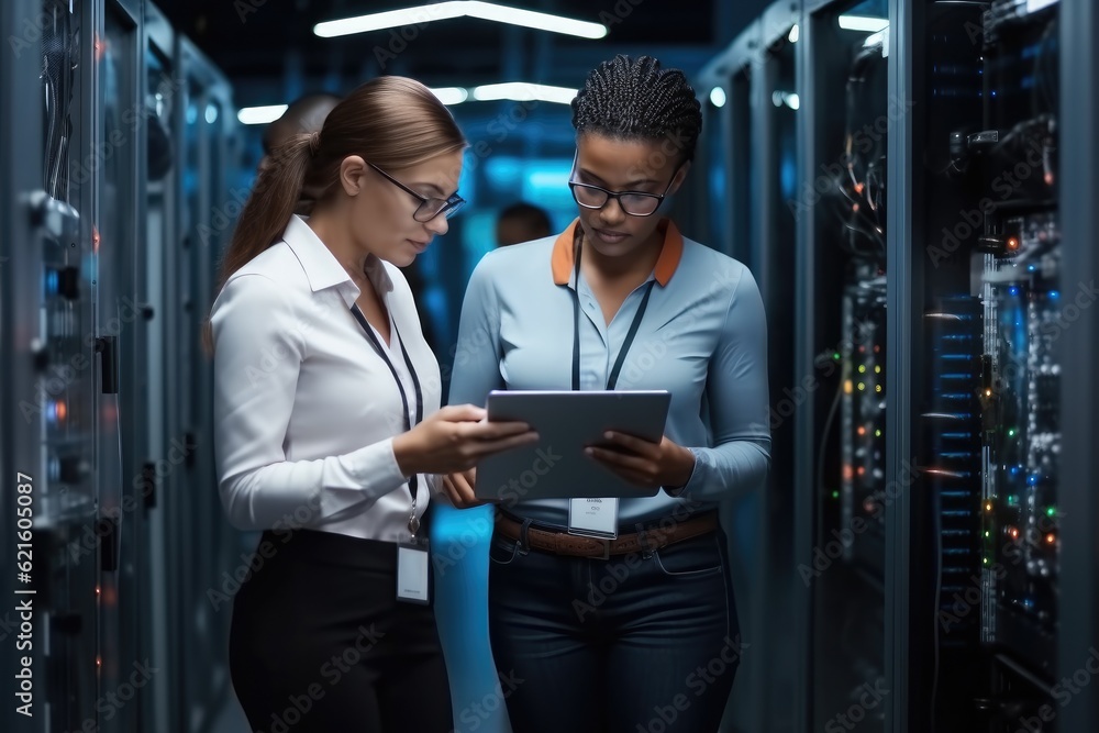 Women with a tablet for examine cyber security at server room, Database planning and inspection, Tea