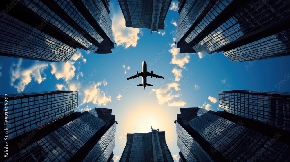 A jet airplane silhouette with business towers background.