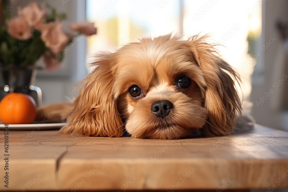 Cute dog on the kitchen table.