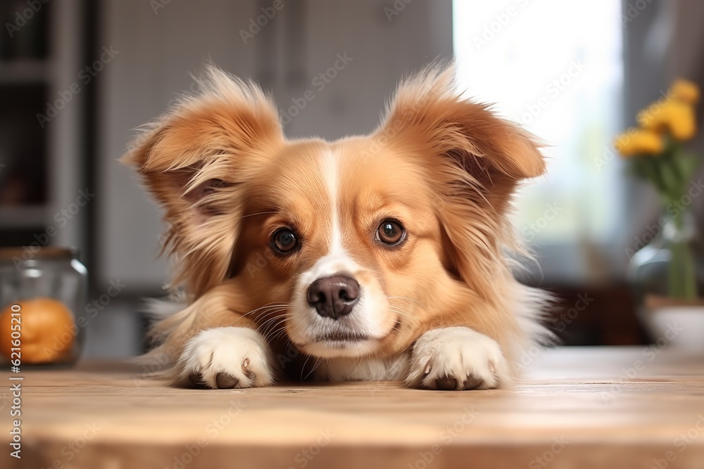 Cute dog on the kitchen table.