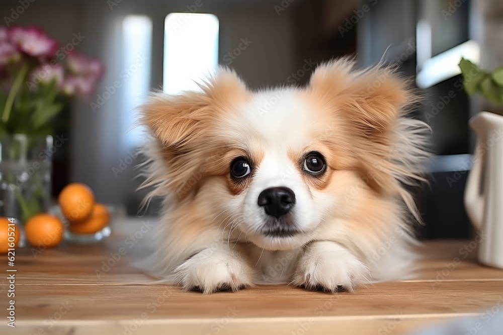 Cute dog on the kitchen table.