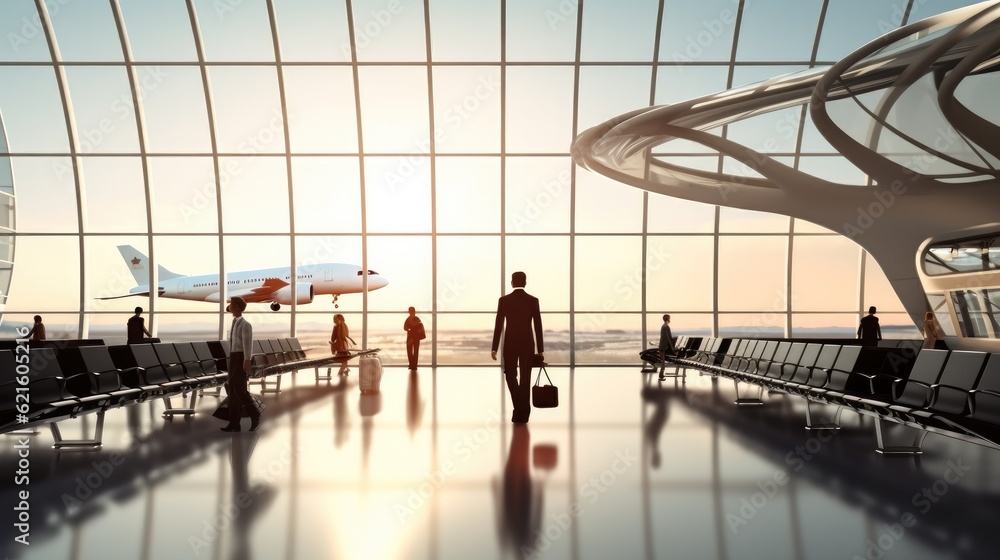 Airport with people at window with suitcase waiting for plane.