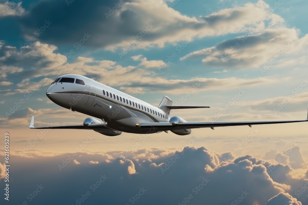 Private jet in flight, Air charter flight.