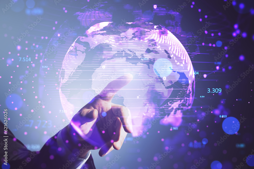 Close up of businessman hand pointing at creative polygonal sphere on blurry background. Network and