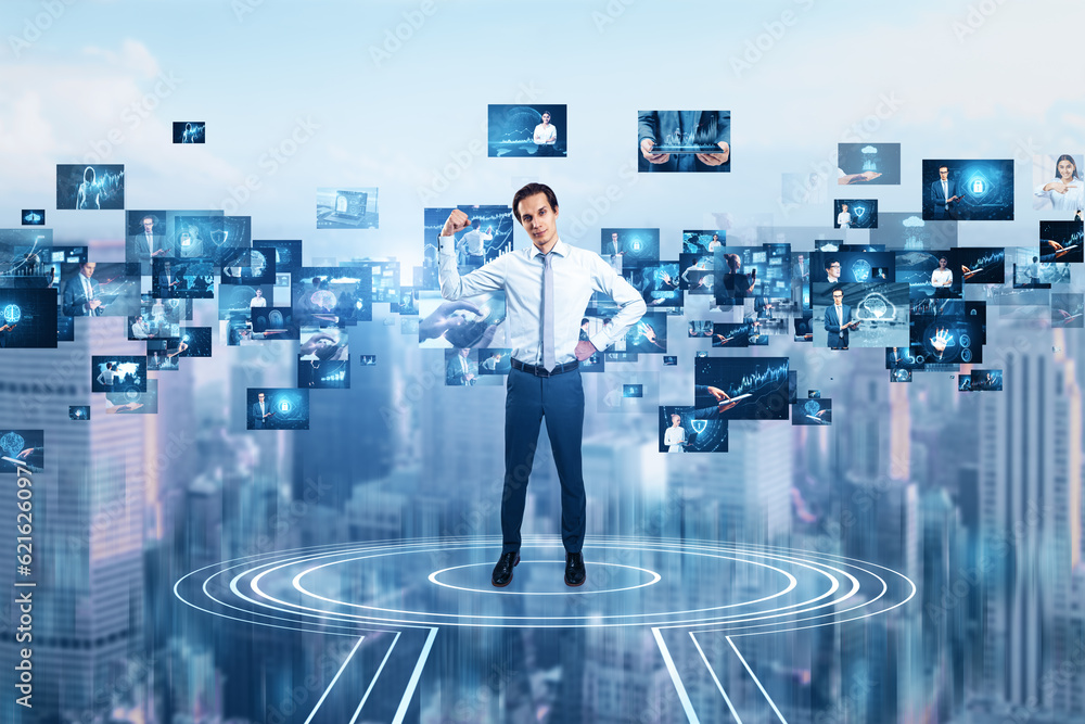 Attractive young european businessman standing on abstract teleport with metaverse images on blurry 