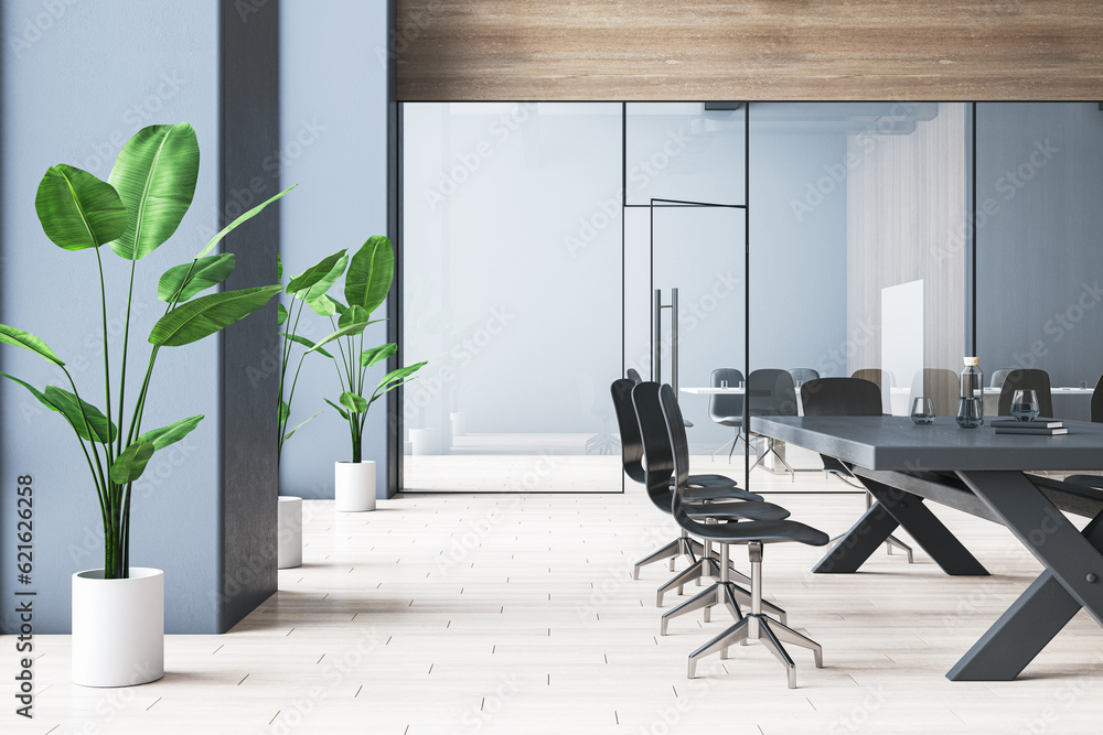 Light contemporary meeting room interior with table and chairs, decorative plant in pots. 3D Renderi