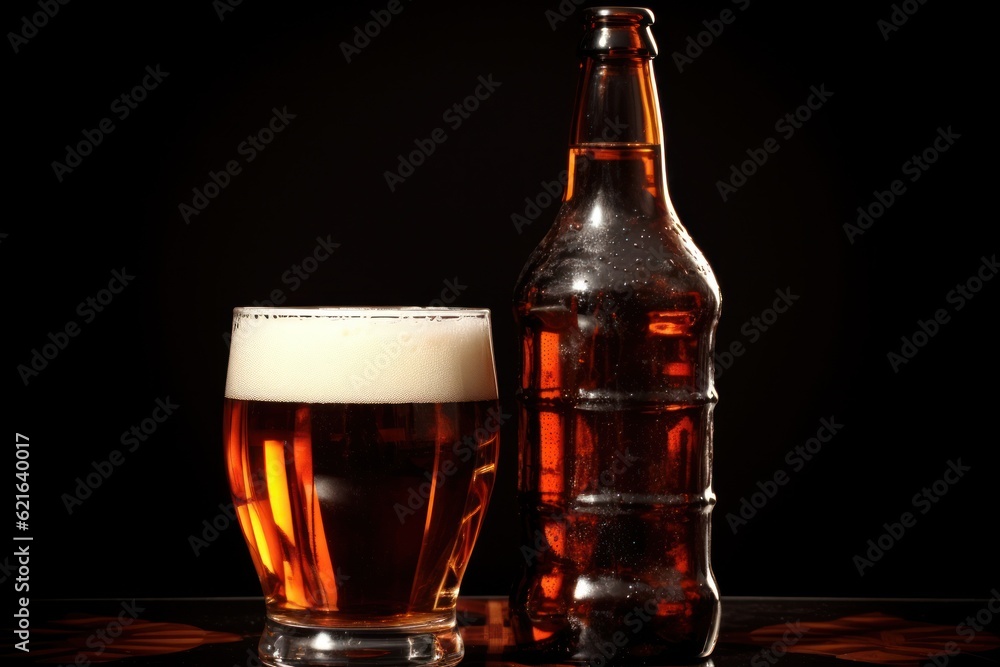 Beer glass and bottle. Illustration AI Generative.