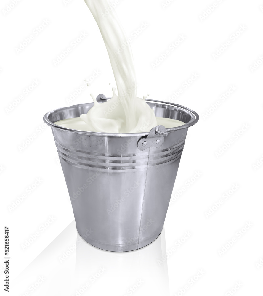 Poured milk into metal bucket with splash on white background