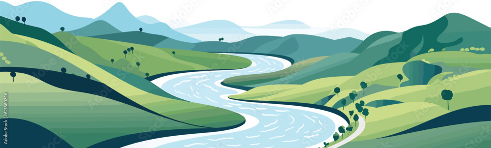 A winding river through a valley vector simple 3d isolated illustration