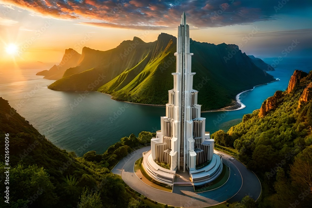 light house and lake in the mountains